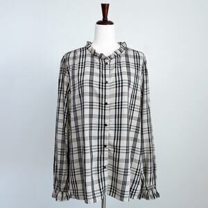 Ann Taylor XL Ruffle Neck Beige Heritage Plaid Button-Up Long Sleeve Shirt NWT